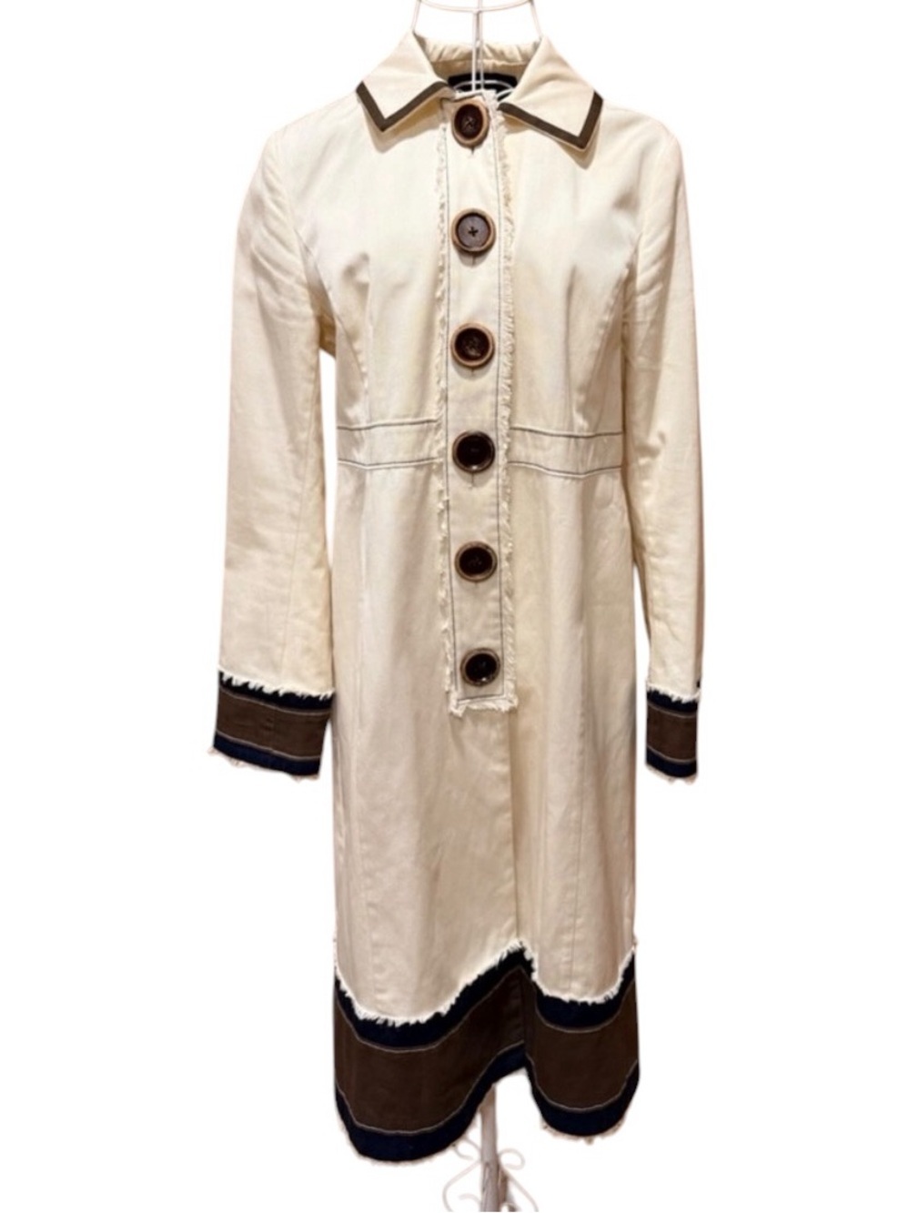 Boden Agar Trench Coat Cream Navy Contrast Trim Wood Buttons Size 10 - Picture 1 of 11